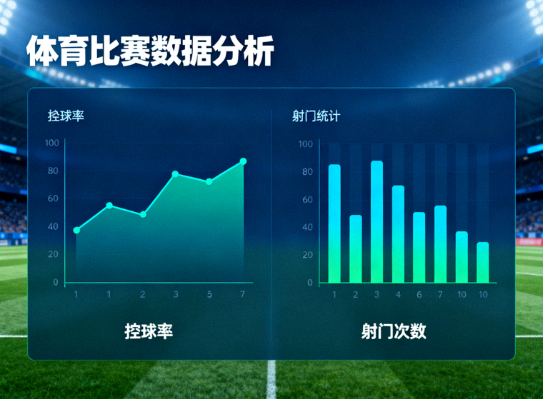 体育比赛数据分析界面，展示控球率与射门统计图表